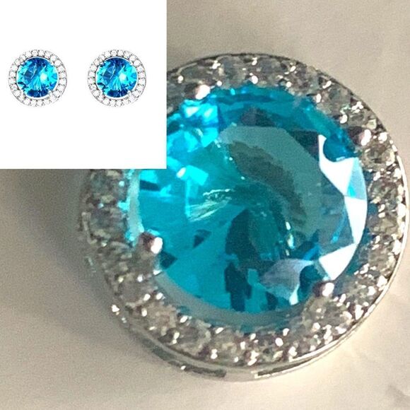 Round Aquamarine Color Stud Earrings, Bold Turquoise Crystal + Halo, Silver Tone - Picture 1 of 7